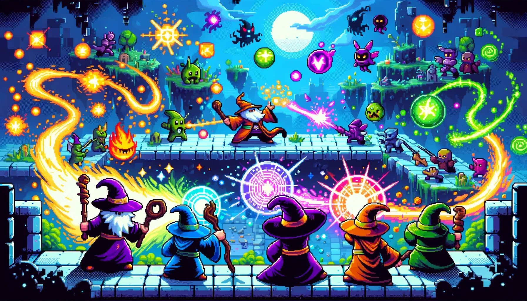 Concept art (ai-generated) for Pixel Wizards game, showing a bunch of wizards 